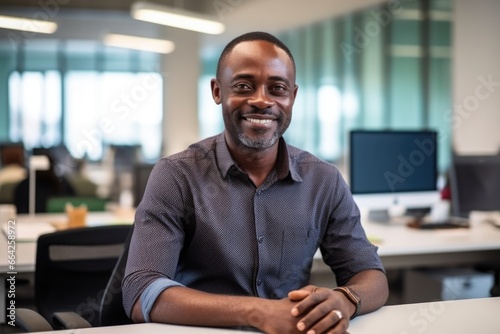 A smiling black man sitting at an office desk. Fictional characters created by Generated AI.