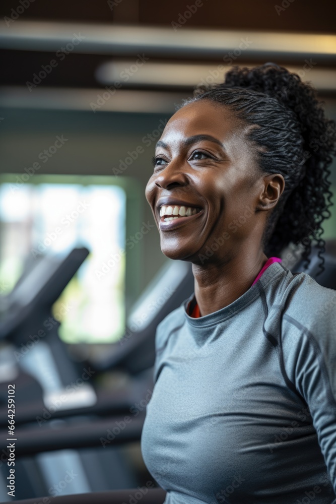 A happy woman working out in a gym, smiling and enjoying her fitness routine.. Fictional characters created by Generated AI.