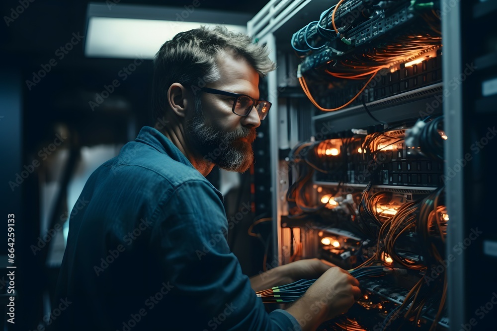 IT technician working on computer and server in a server room - obrazy, fototapety, plakaty 