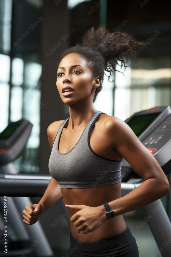 Fit and healthy woman running on a treadmill in a gym. Fictional characters created by Generated AI. Fit and healthy woman running on a treadmill in a gym. Fictional characters created by Generated AI.