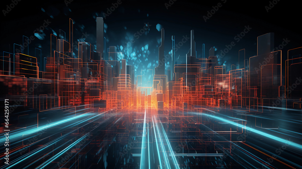Abstract digital graphics Futuristic 3D Concept, AI and Big Data Technology background, cityscape, Information Digitalization Lines, Generative AI.