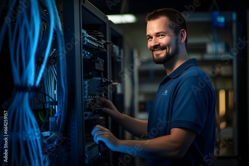 IT technician working on computer and server in a server room