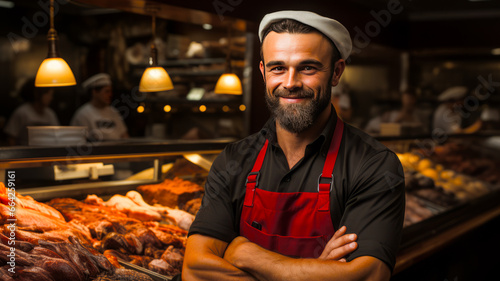 Young, friendly butcher with a smile on his face, standing at the meat counter