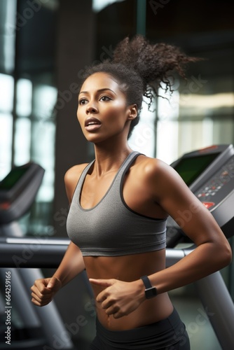 Fit and healthy woman running on a treadmill in a gym. Fictional characters created by Generated AI.