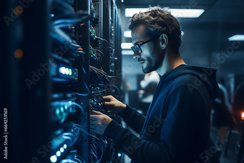 IT technician working on computer and server in a server room photo