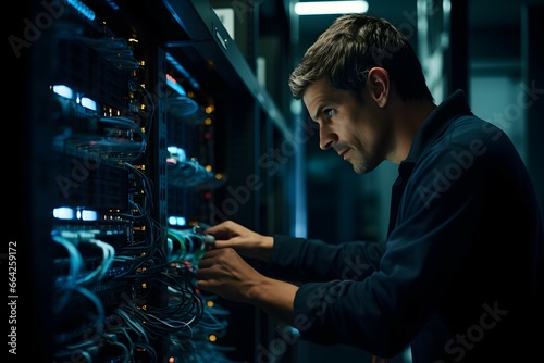 IT technician working on computer and server in a server room