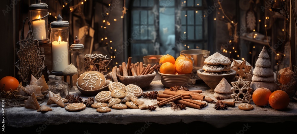 Fototapeta premium Christmas gingerbread cookies: table with powder, spices, cinnamon, and oranges. Christmas gingerbread cookies. Horizontal banking background for web. Photo AI Generated