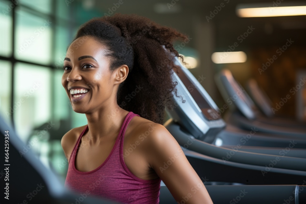 A woman enjoying her time at the gym while smiling and laughing. Fictional characters created by Generated AI. A woman enjoying her time at the gym while smiling and laughing. Fictional characters created by Generated AI.