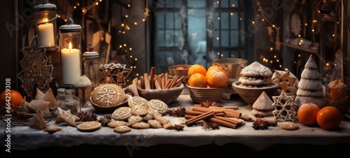 Christmas gingerbread cookies: table with powder, spices, cinnamon, and oranges. Christmas gingerbread cookies. Horizontal banking background for web. Photo AI Generated