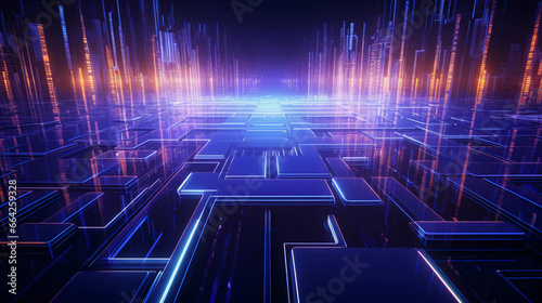 Abstract digital graphics Futuristic 3D Concept, AI and Big Data Technology background, cityscape, Information Digitalization Lines, Generative AI. © Sunshinemeee