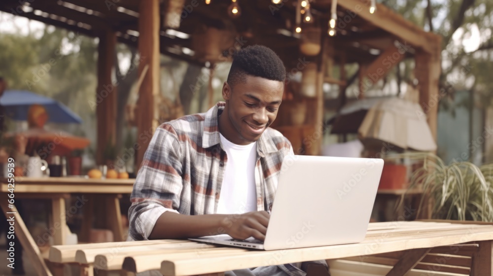 A Young Man Working on a Laptop at a Picnic Table. Fictional characters created by Generated AI. A Young Man Working on a Laptop at a Picnic Table. Fictional characters created by Generated AI.