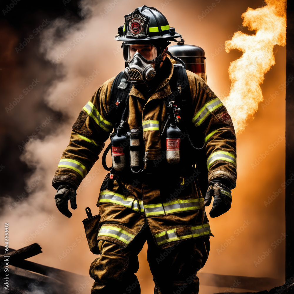 Fototapeta premium firefighter in full gear exploring the huge fire zone