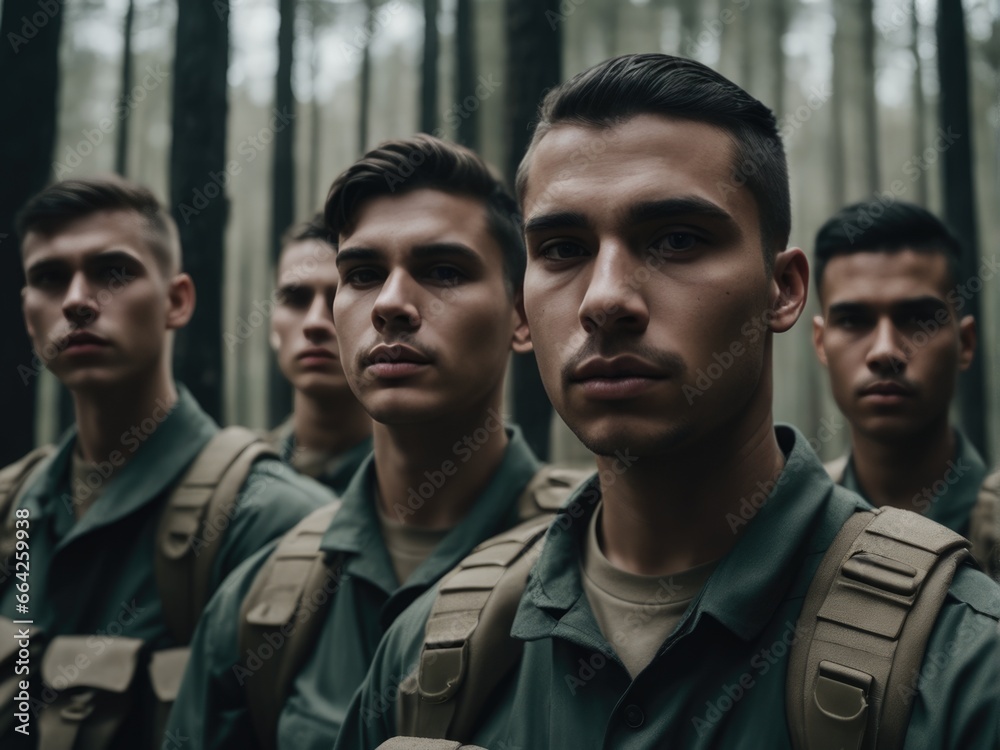 Group of young soldiers in military uniform in a forest Group of young soldiers in military uniform in a forest