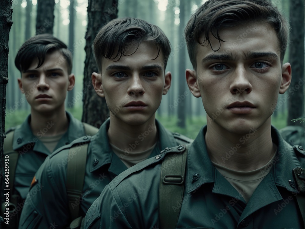 Fototapeta premium Group of young soldiers in military uniform in a forest