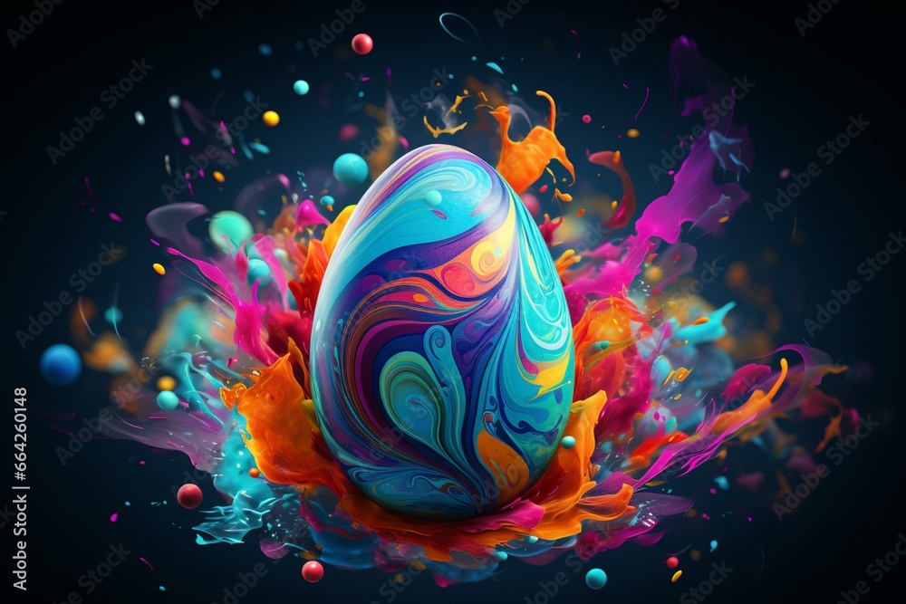 Colorful Easter egg with a vibrant splash of colors in a festive banner. Generative AI - obrazy, fototapety, plakaty 