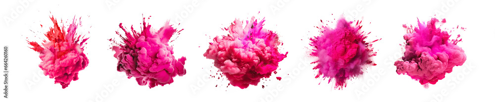 Powerful explosion of pink holi powder on transparent background. Collection of saturate pink smoke paint explosion, fume powder splash, motion of liquid ink in water. - obrazy, fototapety, plakaty 