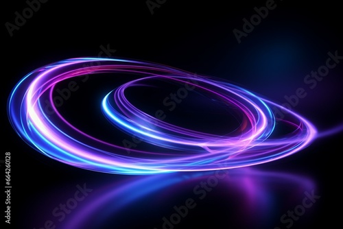 Circular light trails in purple and blue over black background. Generative AI