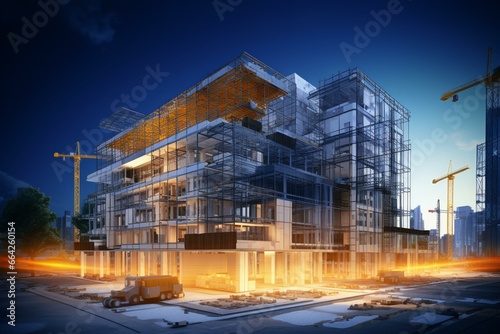 Construction site with building underway, utilizing BIM technology for 3D rendering and illustration. Generative AI