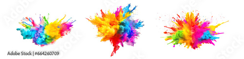 Powerful explosion of colorful rainbow holi powder on transparent background. Collection of saturate paint backdrops, powder splash.