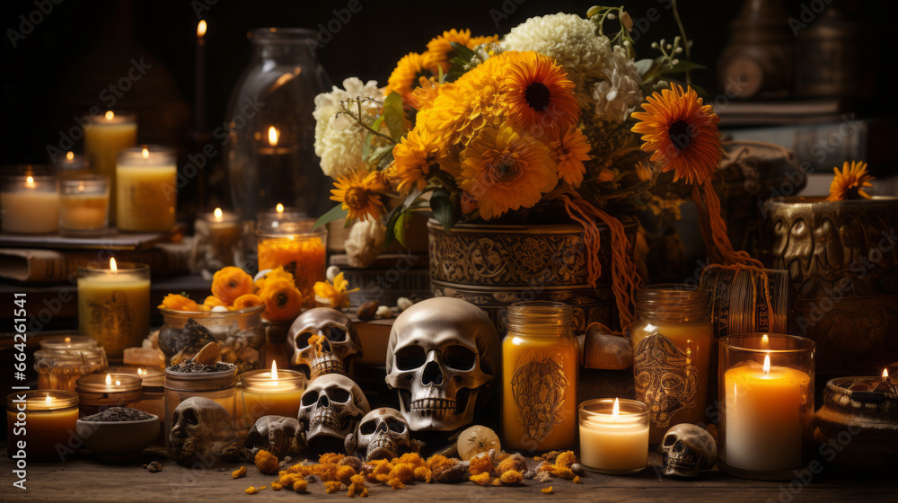 Day of the Dead in Mexico. Symbols. Close-ups of sugar skulls, marigolds and other traditional objects. Day of the Dead in Mexico. Symbols. Close-ups of sugar skulls, marigolds and other traditional objects.