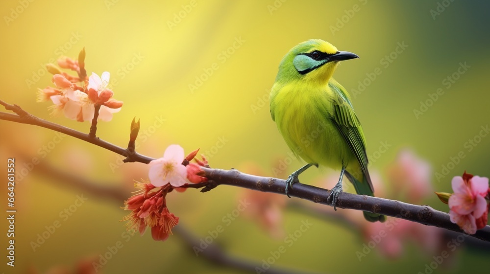 A stunning and vibrant bird The Golden-fronted Leafbird (Chloropsis aurifrons) was photographed against a green, hazy background while sitting on a blossoming tree.