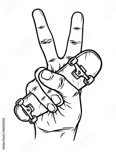 skateboard and peace hand sign line illustration