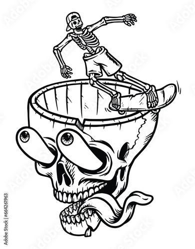 Funny Skateboard Skeleton line illustration