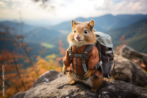 Cute squirrel wearing backpack standing on a hiking trail, mountain landscape in background.