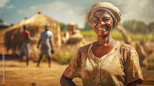 Farmer worker, older African woman standing in front of blurred local farm