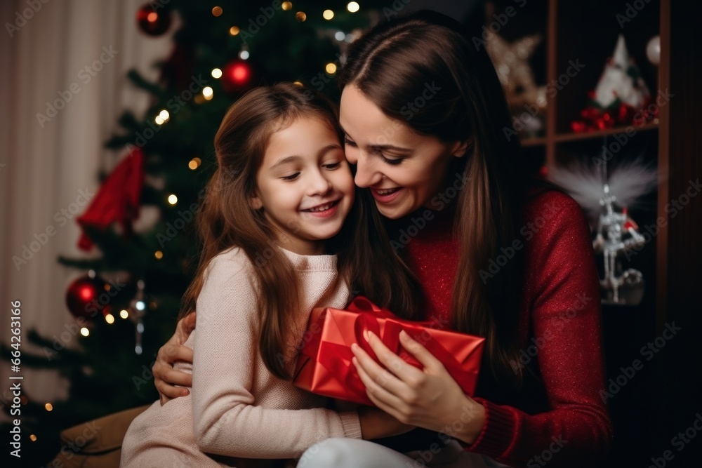 happy family mother and daughter giving christmas gift and embracing happy family mother and daughter giving christmas gift and embracing