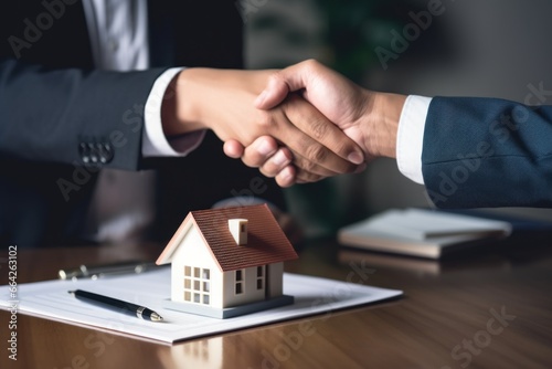 Real estate agent shaking hands with customer with miniature simple house on a table