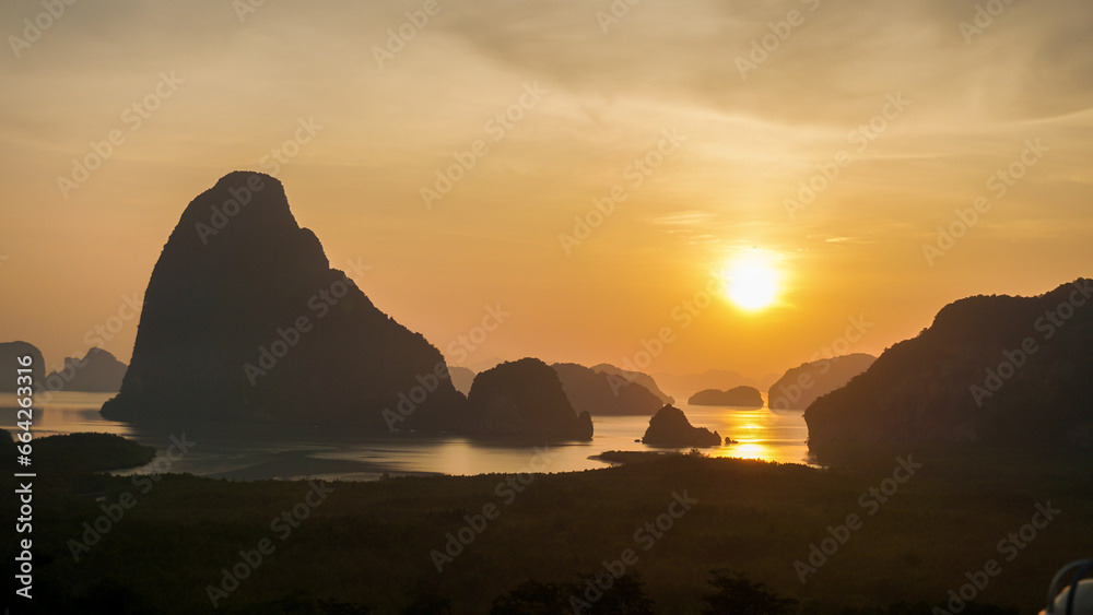 Landscape on the mountain on sea at Samet Nangshe Viewpoint in sunrise. Unseen place of Samet Nangchee in Phang Nga province, Thailand.
