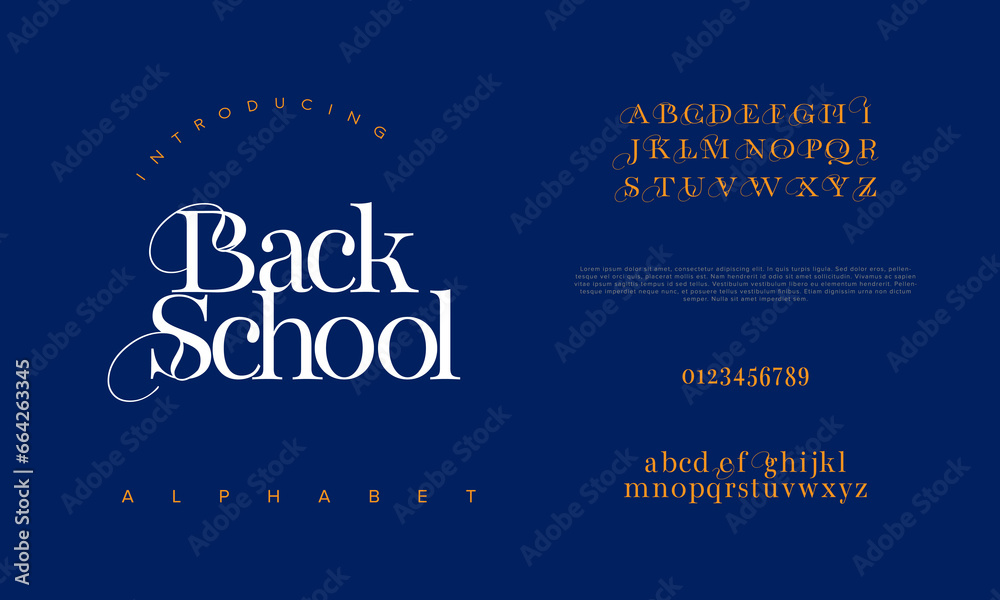 Backschool premium luxury elegant alphabet letters and numbers. Elegant wedding typography classic serif font decorative vintage retro. Creative vector illustration
