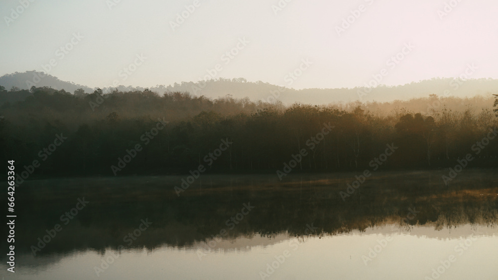 Panorama Of Autumn River Landscape In Jet Khot Nature Study Centre, THAILAND At Sunset. Sun Shine Over Water Lake Or River At Sunrise. Nature At Sunny Morning. Woods With Orange Foliage On Riverside