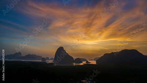Landscape on the mountain on sea at Samet Nangshe Viewpoint in sunrise. Unseen place of Samet Nangchee in Phang Nga province  Thailand.