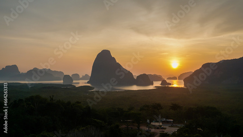 Landscape on the mountain on sea at Samet Nangshe Viewpoint in sunrise. Unseen place of Samet Nangchee in Phang Nga province  Thailand.