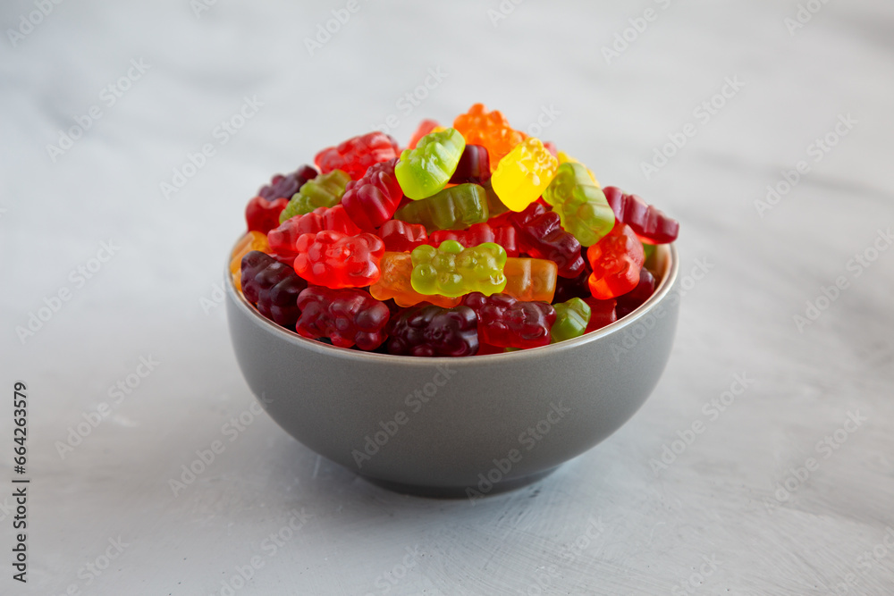 Colorful Fruity Gummy Bears in a Bowl, side view. Colorful Fruity Gummy Bears in a Bowl, side view.