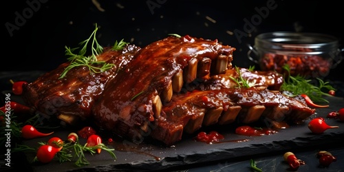close up brown barbecue ribs with a sprinkling of chopped green vegetables and blur background    Mouthwatering BBQ Meat and Greens