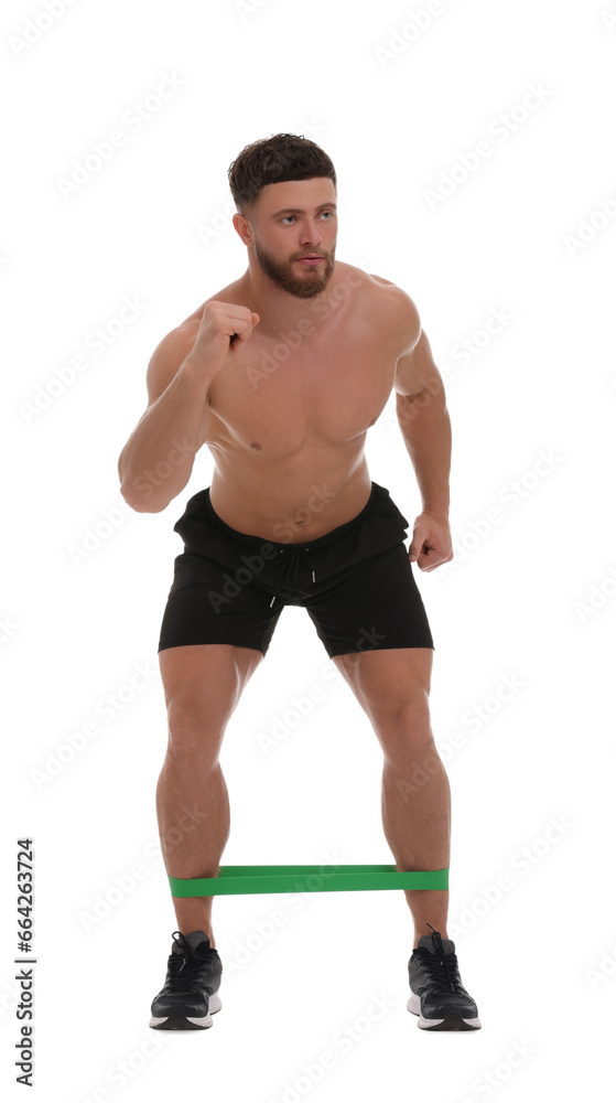 Young man exercising with elastic resistance band on white background Young man exercising with elastic resistance band on white background