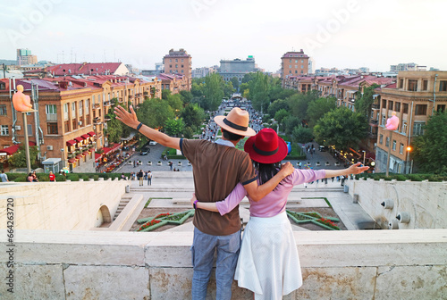 Happy Couple Enjoy the Impressive Evening City View of Yerevan From the Yerevan Cascade in Armenia
