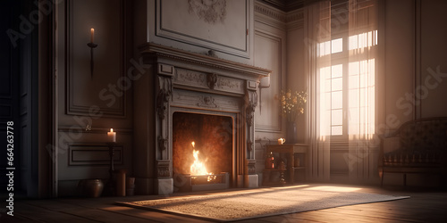 Burning fireplace in the classic interior of living room lid with sunlight