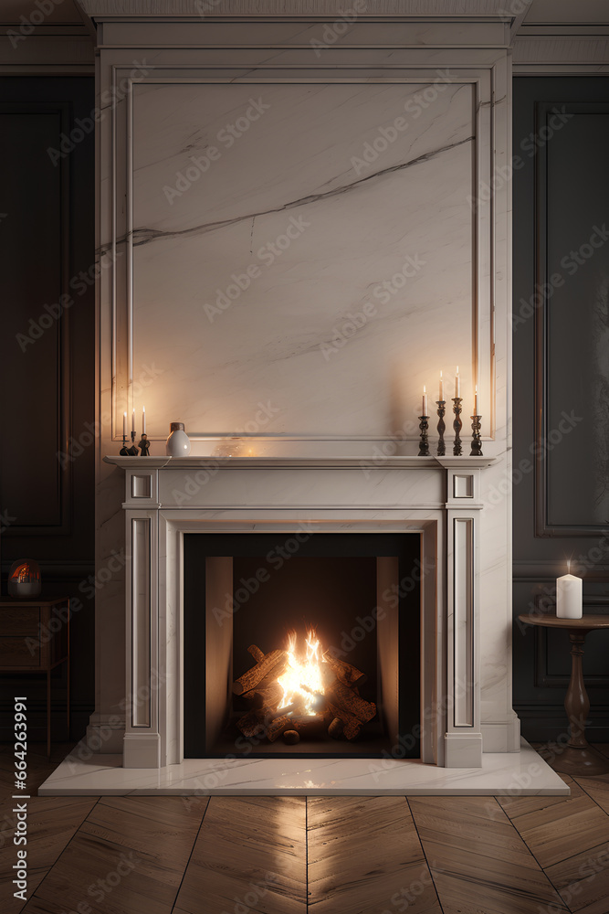 Front view of fireplace decorated with white marble. Classic interior of living room with fireplace Front view of fireplace decorated with white marble. Classic interior of living room with fireplace