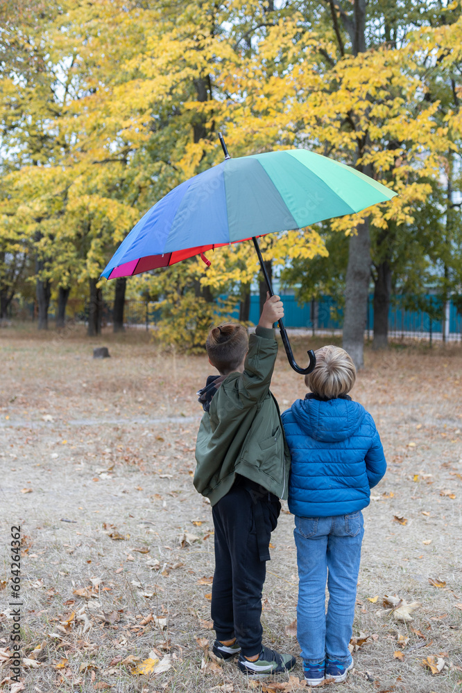 two unrecognizable children, boys under 10 years old, stand in the park under a large rainbow umbrella. autumn atmosphere. symbol of the rainy season, wet autumn weather two unrecognizable children, boys under 10 years old, stand in the park under a large rainbow umbrella. autumn atmosphere. symbol of the rainy season, wet autumn weather