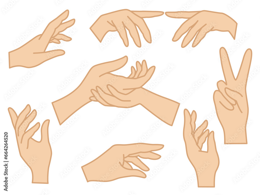 Realistic human hands isolated on white background. Abstract female hands in different situations set. Vector design elements of beautiful woman hands for infographics, web, social media, beauty salon