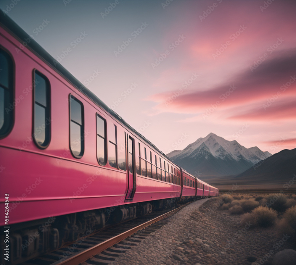 Pink train with beautiful mountain and sky views Pink train with beautiful mountain and sky views