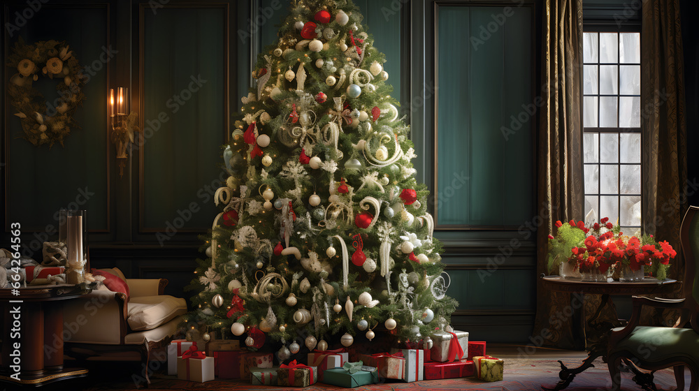 Emphasize the nostalgia of a classically decorated Christmas tree with antique ornaments, evoking the sentiment of holidays from years past.