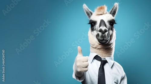 Funny alpaca llama, smiling, showing approving thumbs up to appreciate good work or product. Wide banner with copy space side © LELISAT
