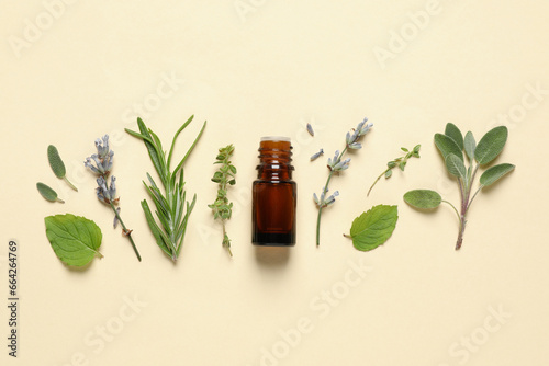 Bottle of essential oil and different herbs on beige background, flat lay