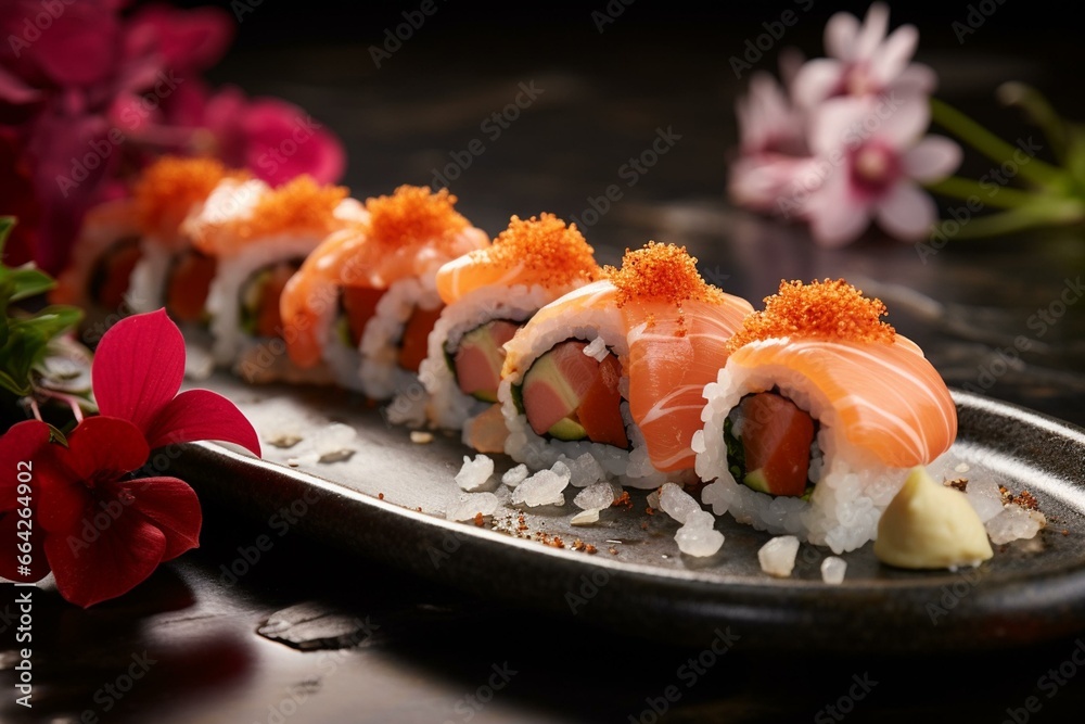 Attractive sushi dish on a plate, placed at the center of a restaurant ambiance with a blurred backdrop. Generative AI