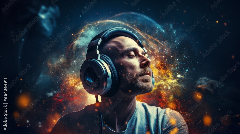 Abstract space background with a man in headphones. Man listening music. Abstract space background with a man in headphones. Man listening music.